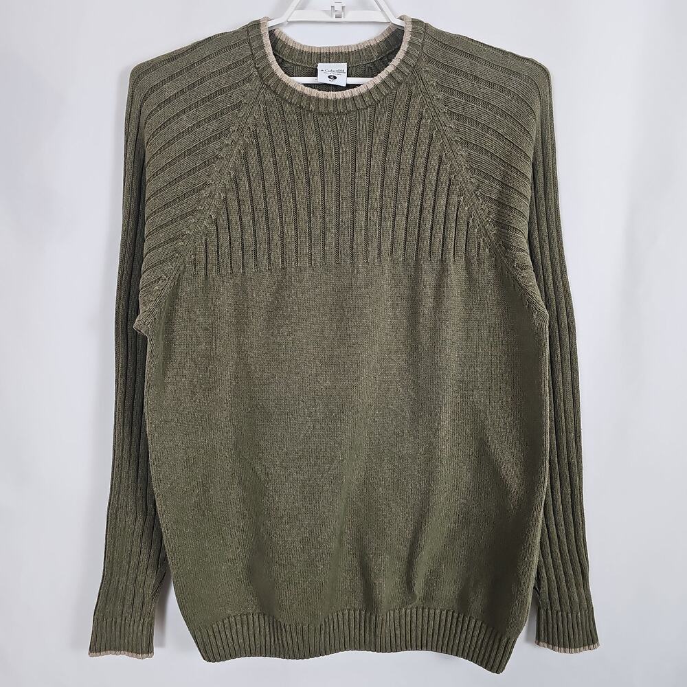 Columbia Men XL OliveGreen Ribbed Shoulder Knit Cotton Crewneck Sweater Pullover